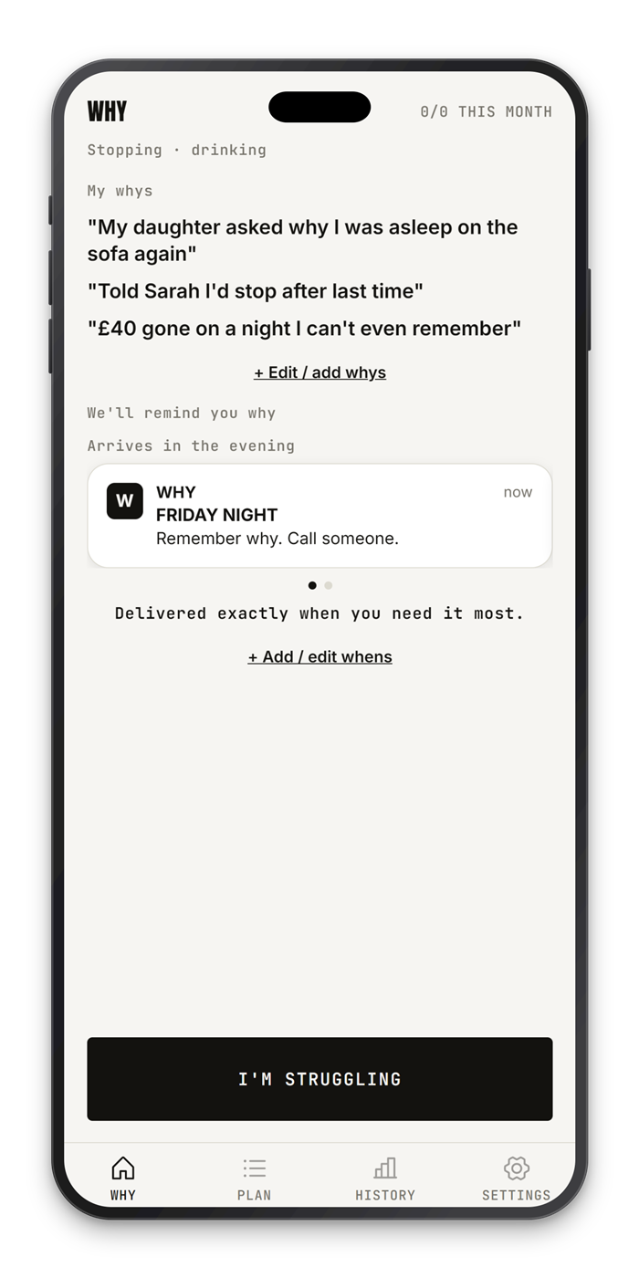 WHY app Home screen showing a scheduled reminder notification